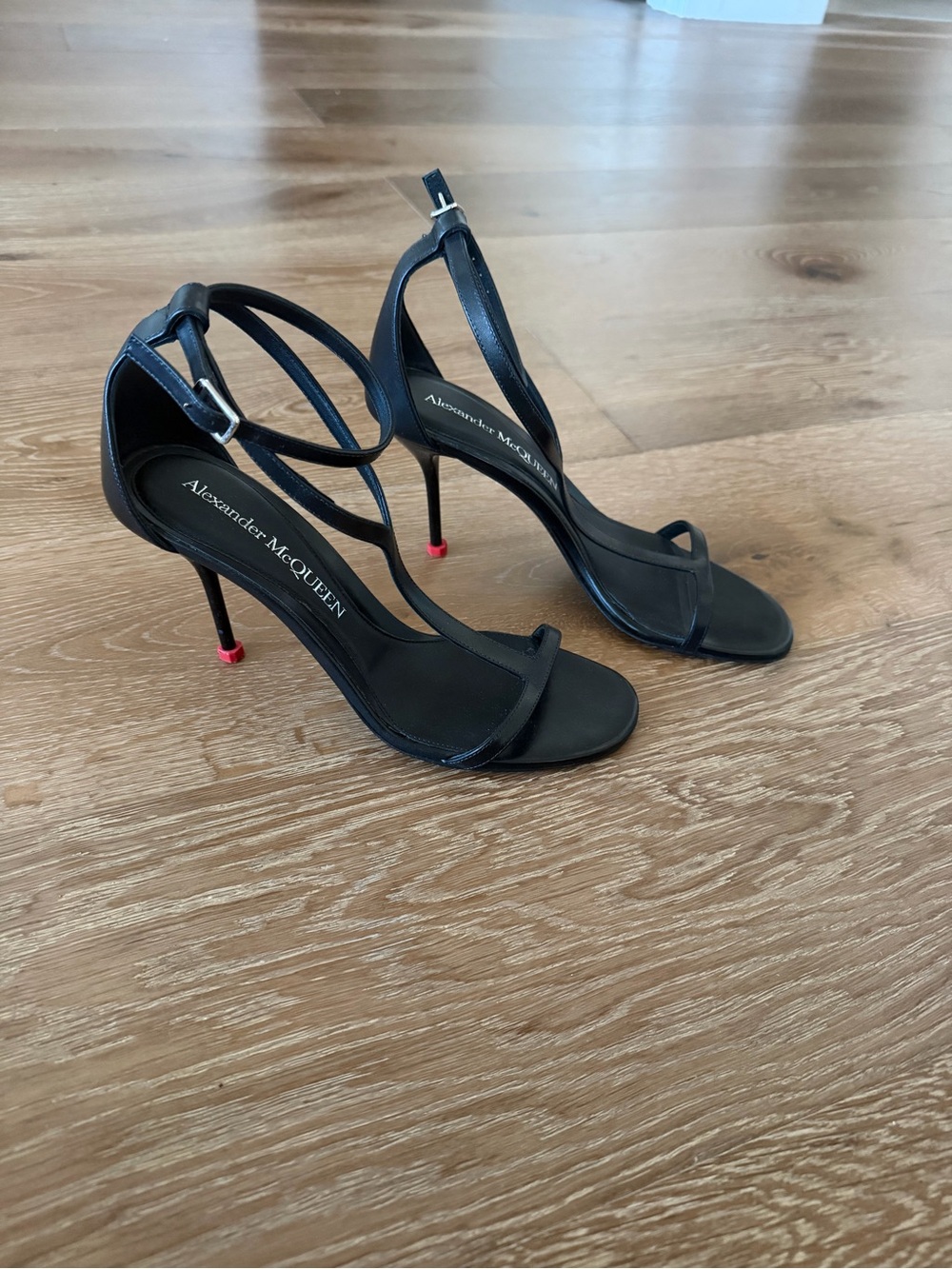 Alexander McQueen Black Strappy Sandal Heels with Red Heel Tips 38.5